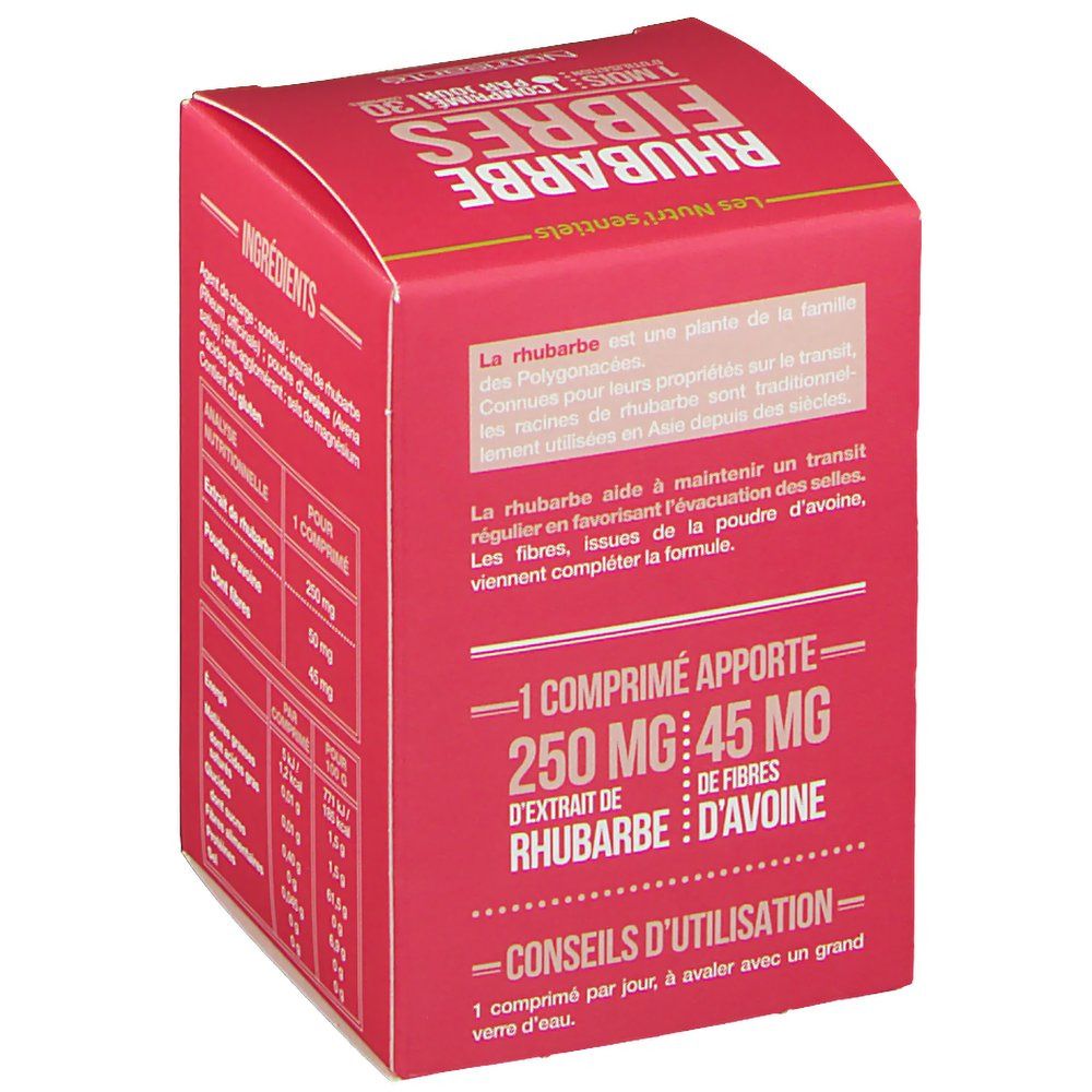 Boîte rouge. Texte: Rhubarbe Fibres, 1 comprimé apporte 250 mg rhubarbe, 45 mg fibres d'avoine. Marque: Nutrisanté.