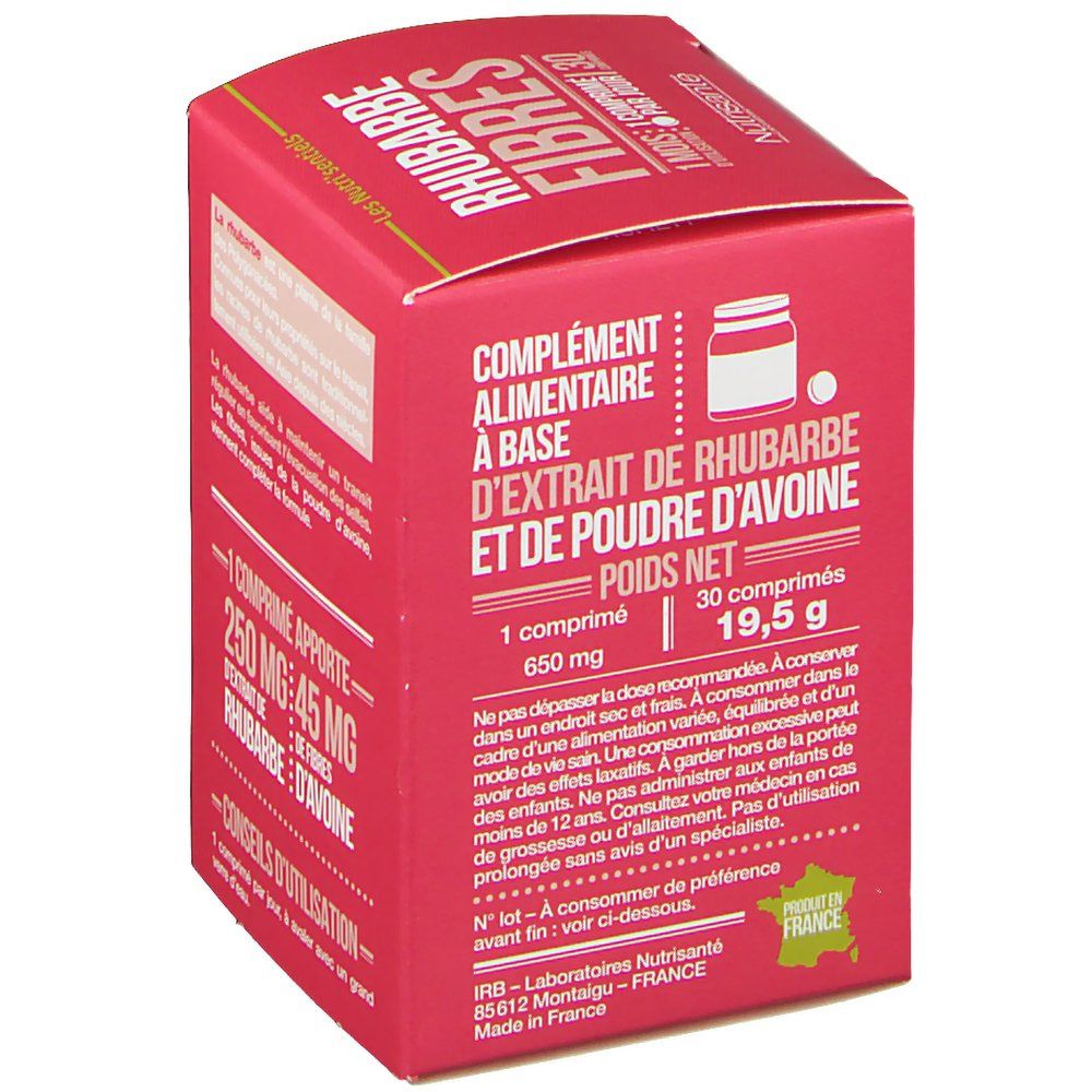 Boîte rouge. Texte: Complément alimentaire à base d'extrait de rhubarbe et de poudre d'avoine. 30 comprimés. Marque: Nutrisanté.