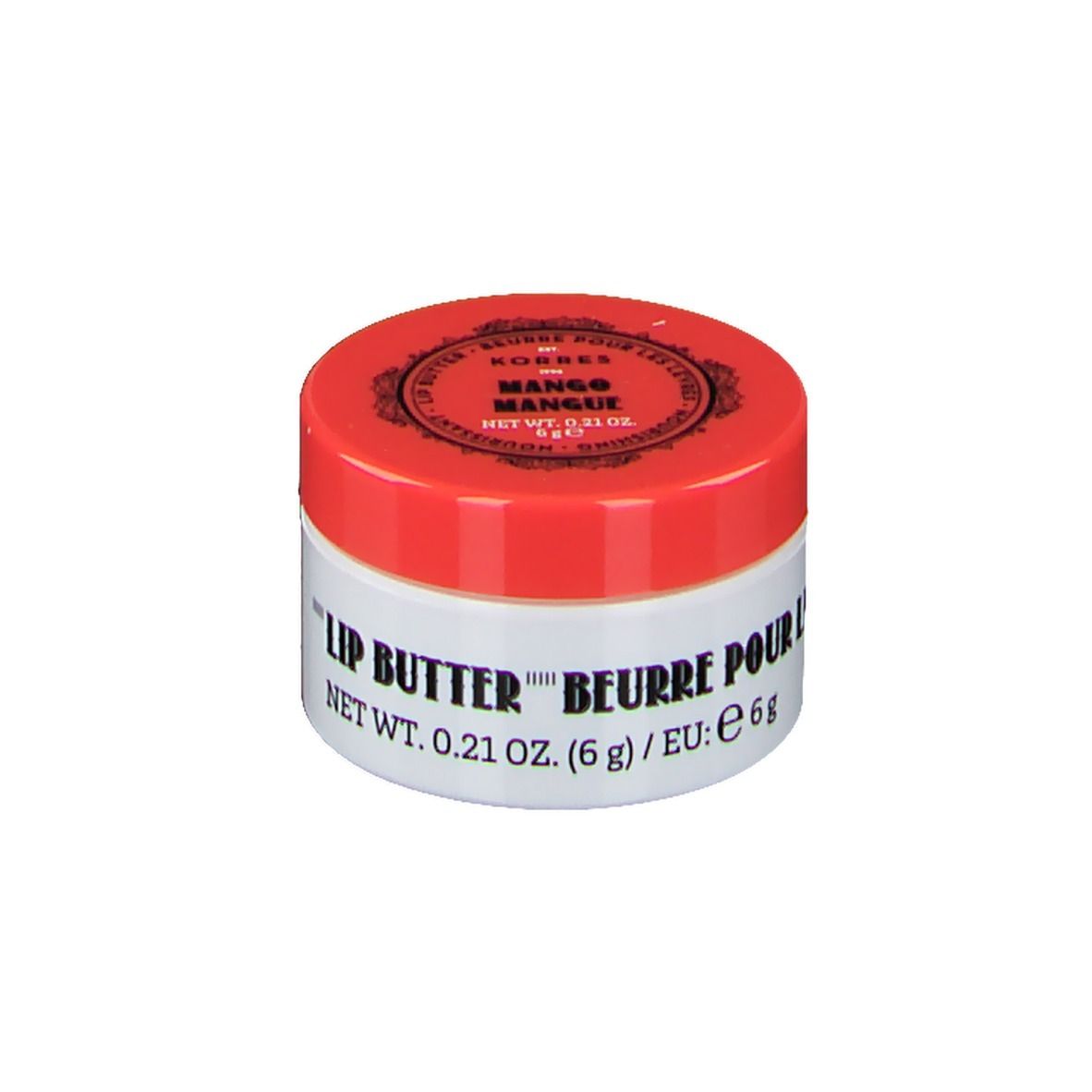 Pot blanc avec couvercle rouge. Inscription: Lip Butter, Mango. Poids net: 0,21 oz. (6 g).