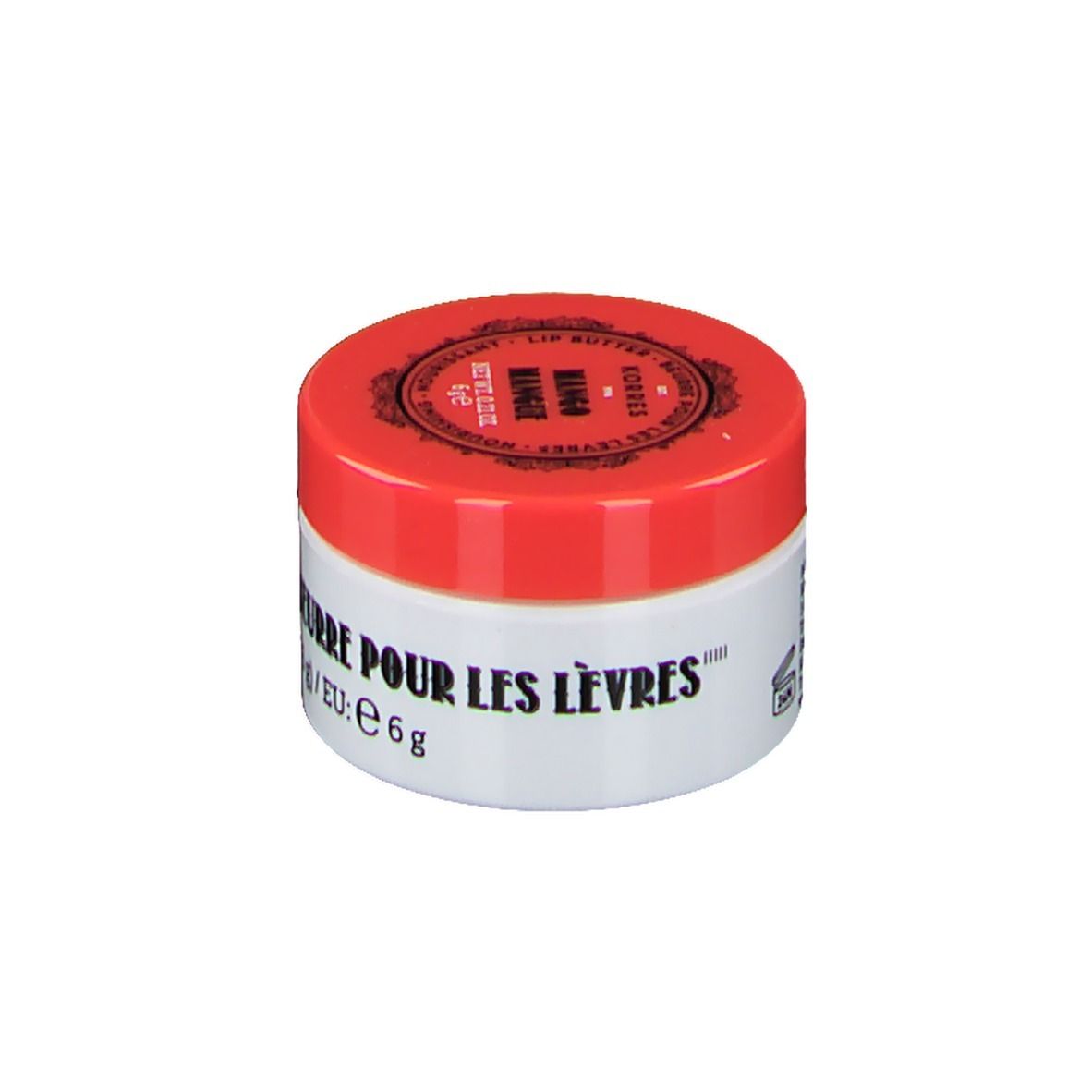 Pot blanc avec couvercle rouge. Inscription: Beurre pour les lèvres, Mango. Poids net: 0,21 oz. (6 g).