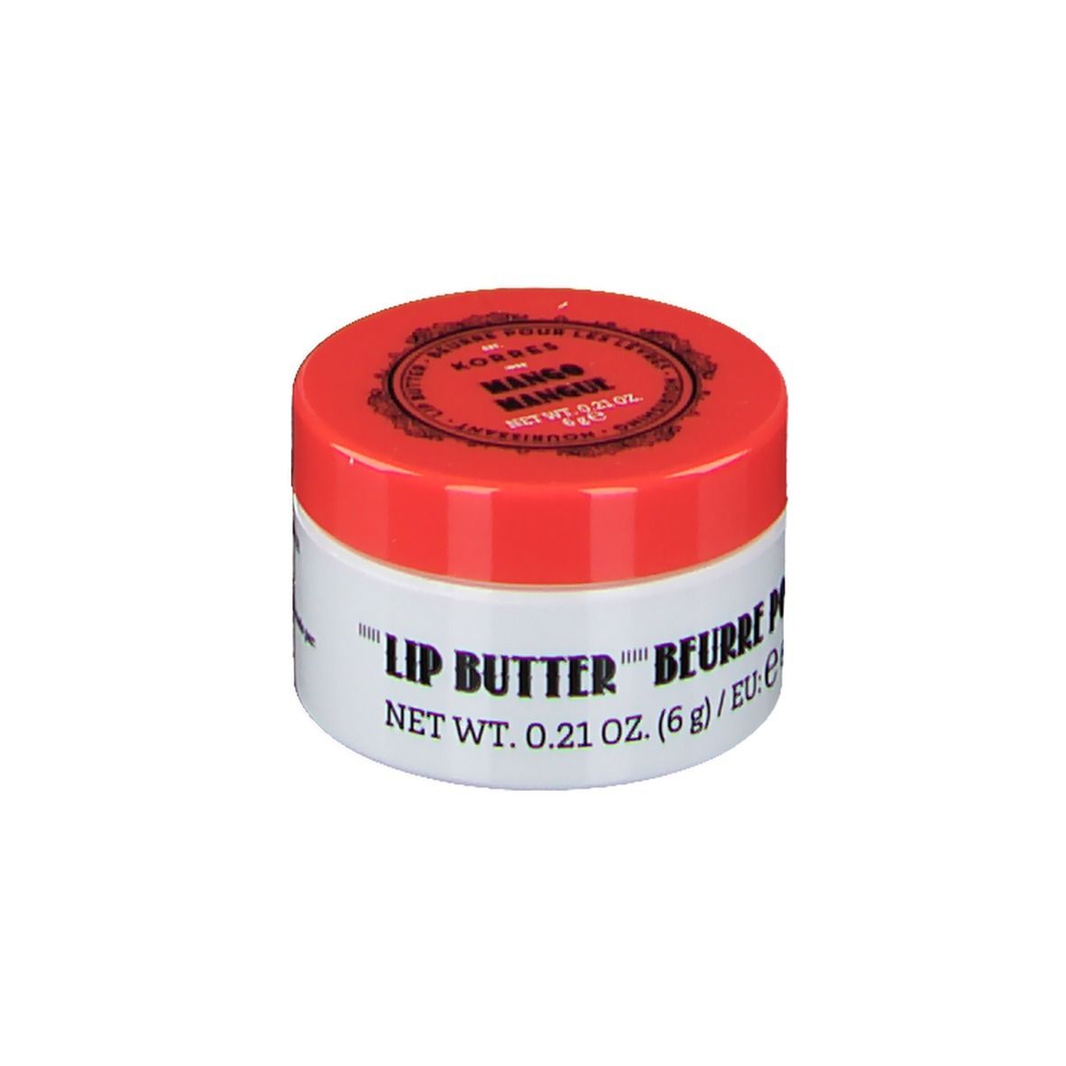 Pot blanc avec couvercle rouge. Inscription: Lip Butter, Mango. Poids net: 0,21 oz. (6 g).