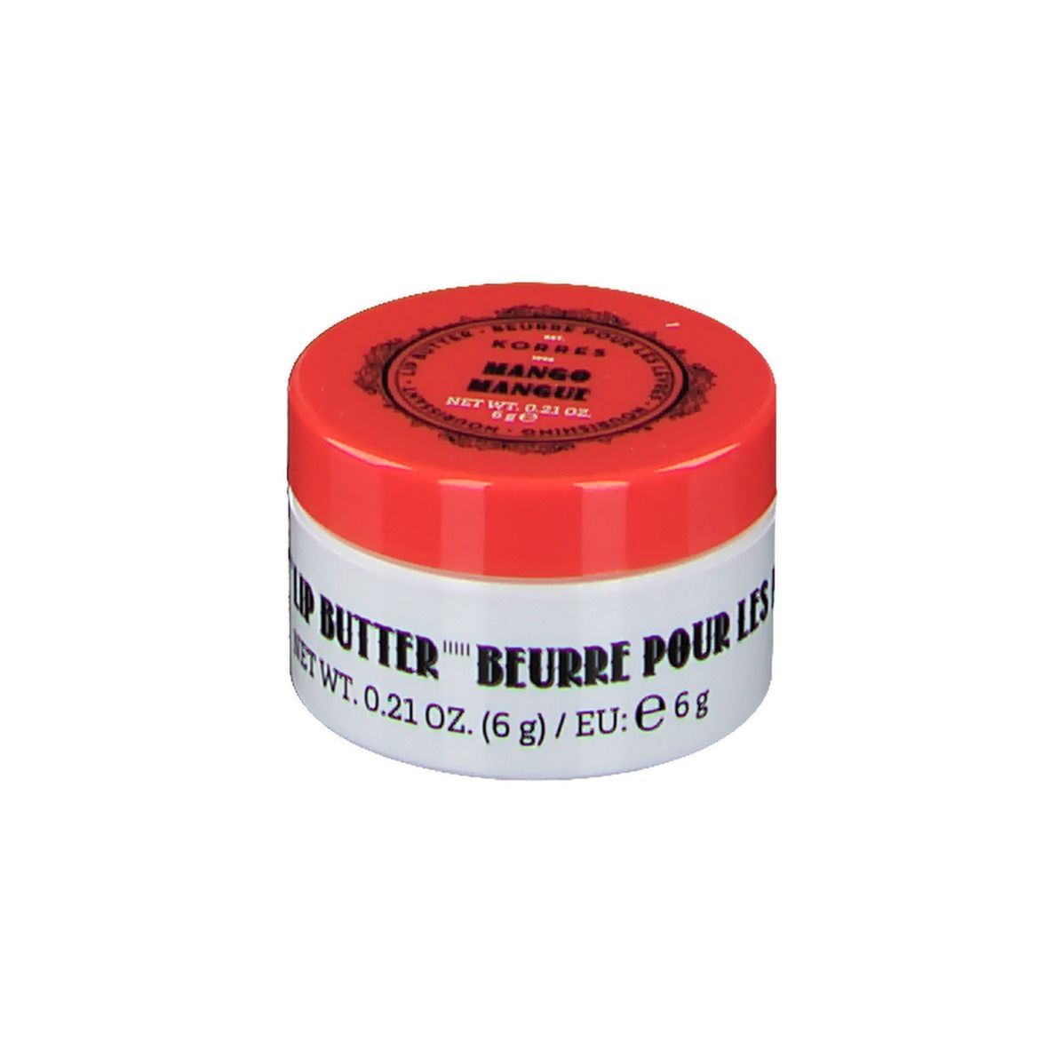 Pot blanc avec couvercle rouge. Inscription: Lip Butter, Mango. Poids net: 0,21 oz. (6 g).