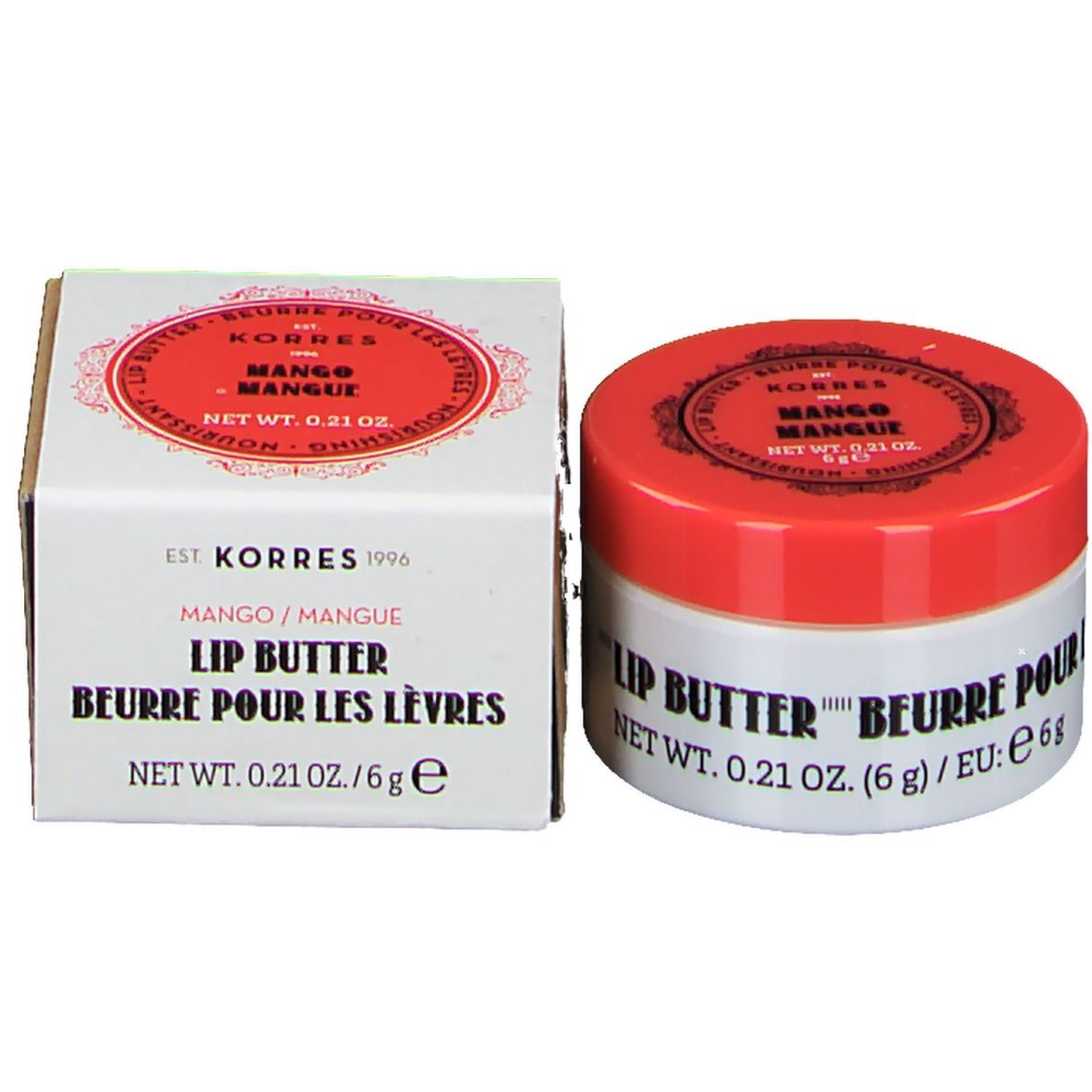 Produit et emballage. Boîte blanche avec inscription: Mango, Lip Butter. Pot avec couvercle rouge.