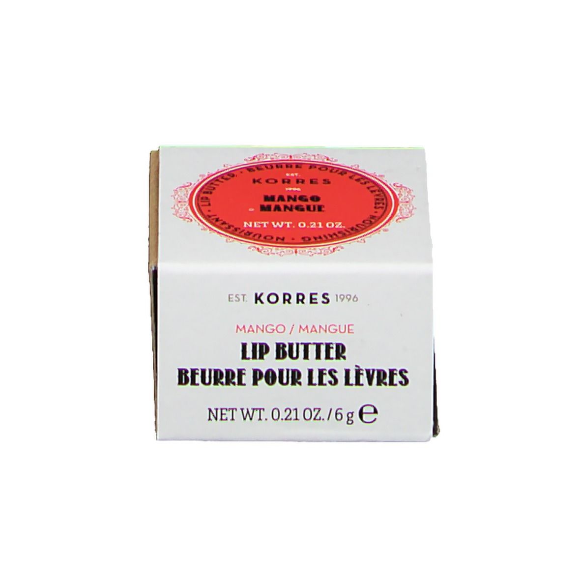 Emballage. Boîte blanche avec inscription: Mango, Lip Butter. Poids net: 0,21 oz. (6 g).