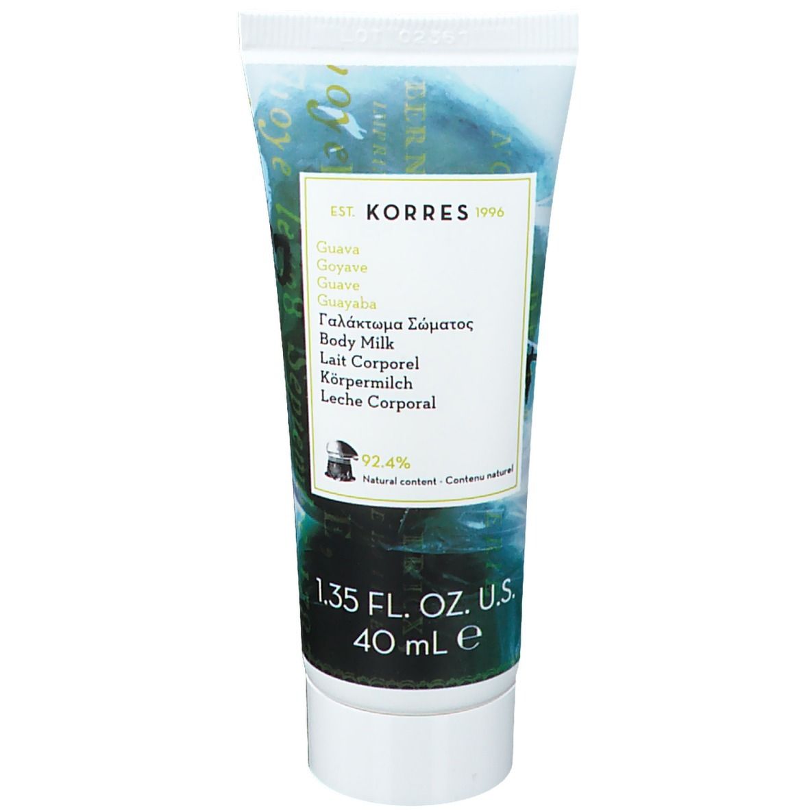 KORRES Körperlotion. Tube mit grünem Etikett. Text: Guava, Body Milk, 92,4% natürlicher Inhalt.