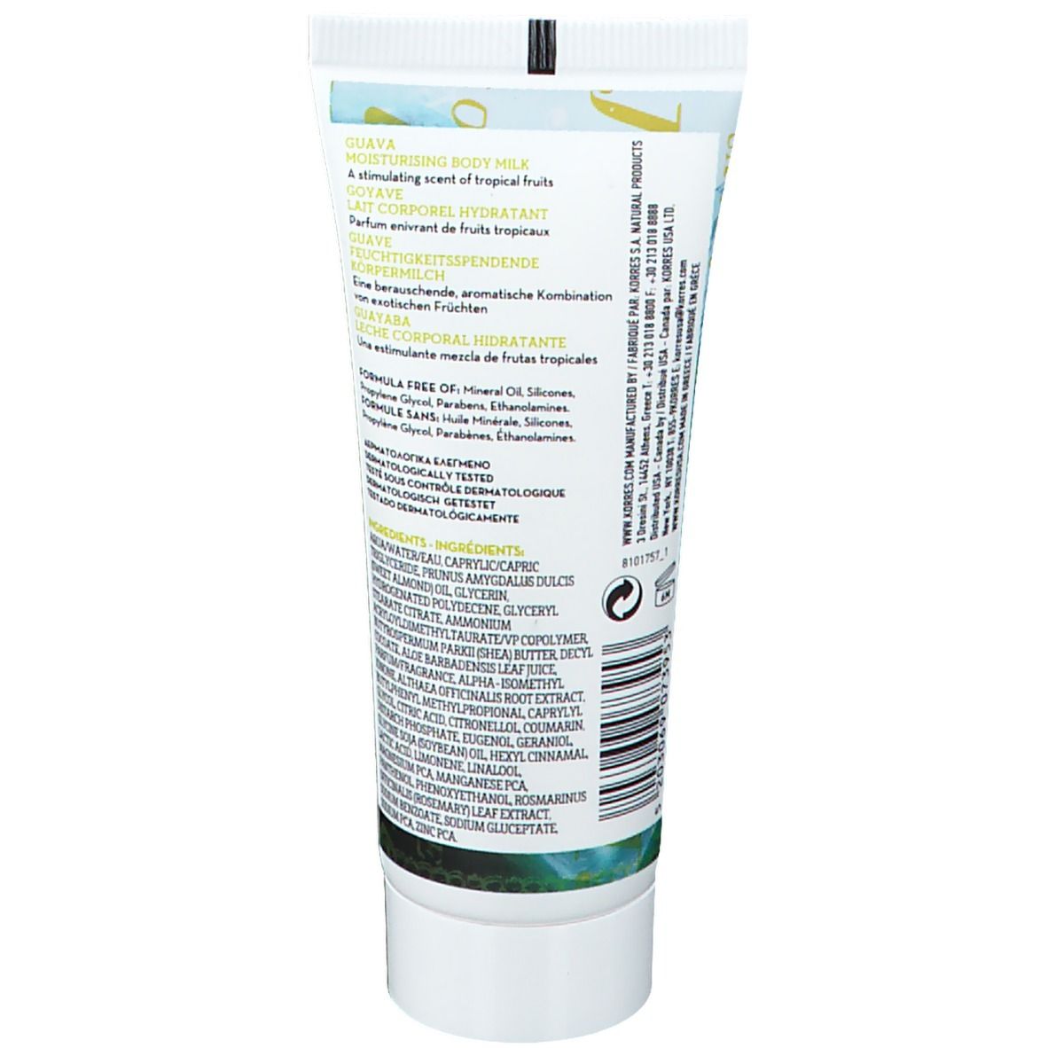 Rückseite der KORRES Körperlotion-Tube. Text: Guava, feuchtigkeitsspendende Body Milk, Inhaltsstoffe, Herstellerinformationen.