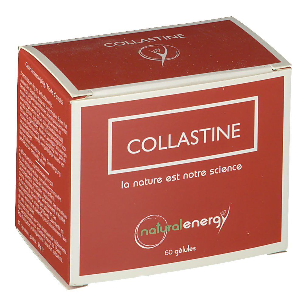 Rote Schachtel mit "COLLASTINE"-Schriftzug. Logo "natural energy". 60 Kapseln. Text: "la nature est notre science".