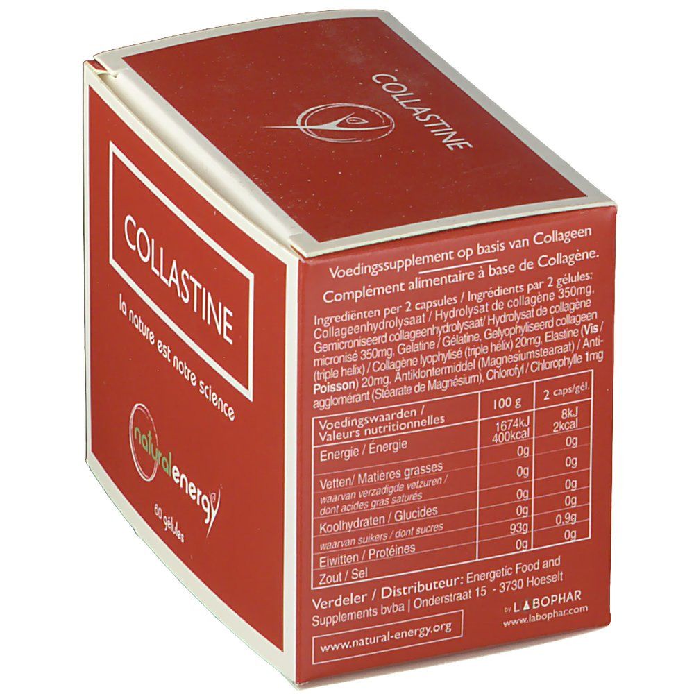 Rote Schachtel mit "COLLASTINE". Logo "natural energy". Nährwerttabelle und Inhaltsstoffe. Text in Niederländisch.