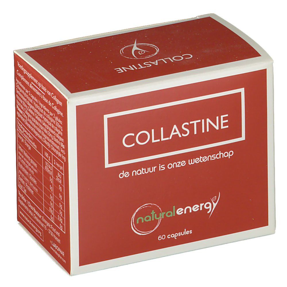 Rote Schachtel mit "COLLASTINE"-Schriftzug. Logo "natural energy". 60 Kapseln. Text: "de natuur is onze wetenschap".