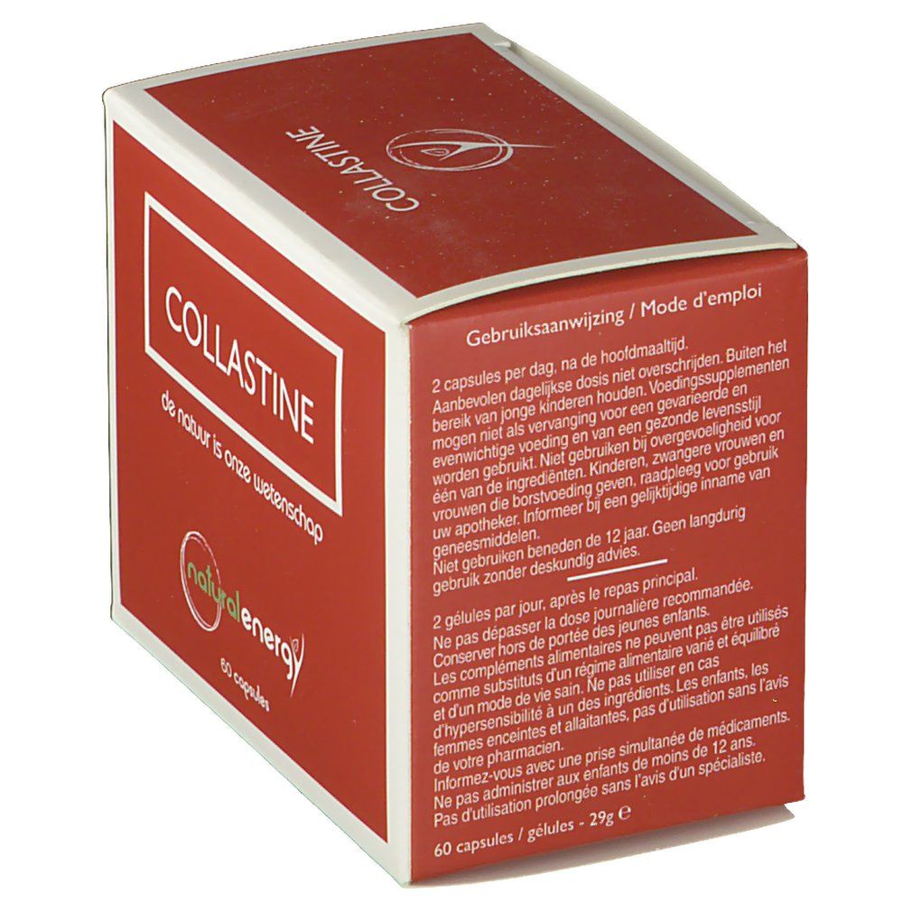 Rote Schachtel mit "COLLASTINE". Logo "natural energy". Gebrauchsanweisung. Text in Niederländisch und Französisch.