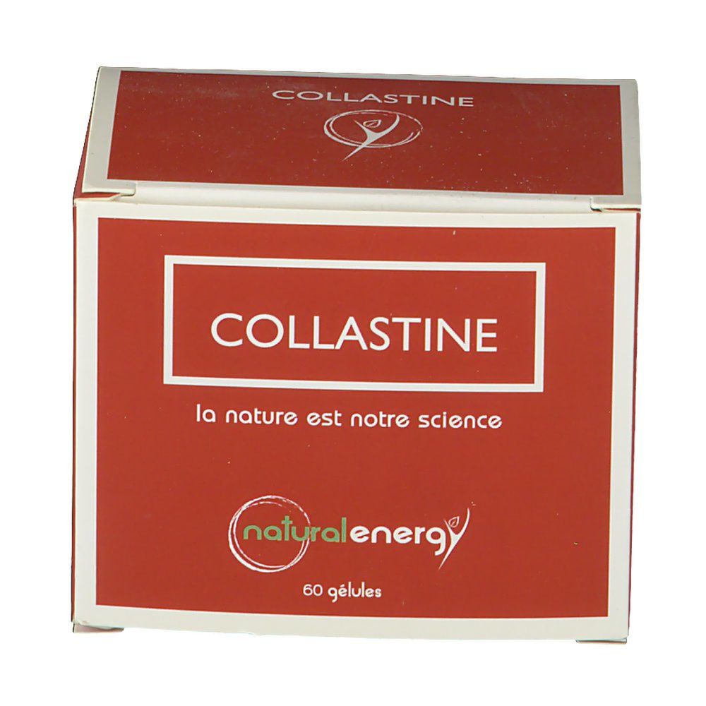 Rote Schachtel mit "COLLASTINE"-Schriftzug. Logo "natural energy". 60 Kapseln. Text: "la nature est notre science".