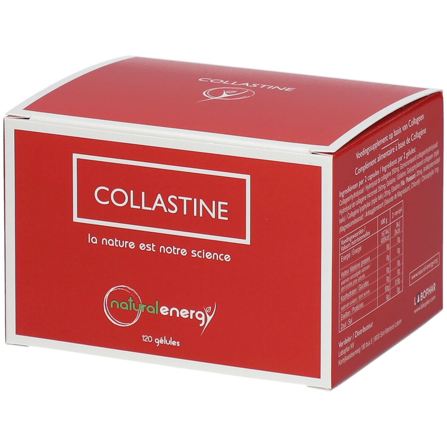 Boîte rouge avec cadre blanc. Inscription : COLLASTINE, naturalenergy. Contient 120 gélules.