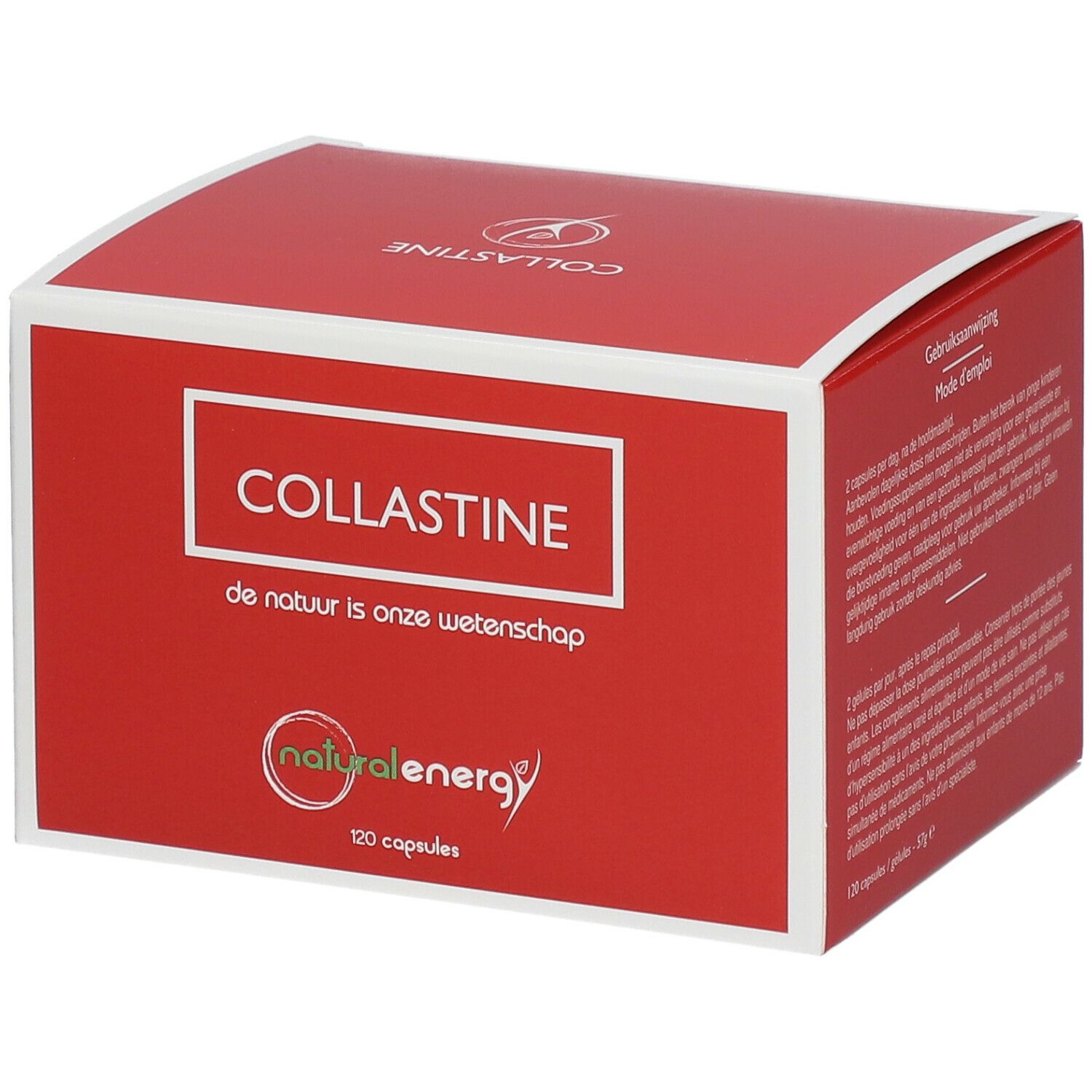 Boîte rouge avec cadre blanc. Inscription : COLLASTINE, naturalenergy. Contient 120 capsules.