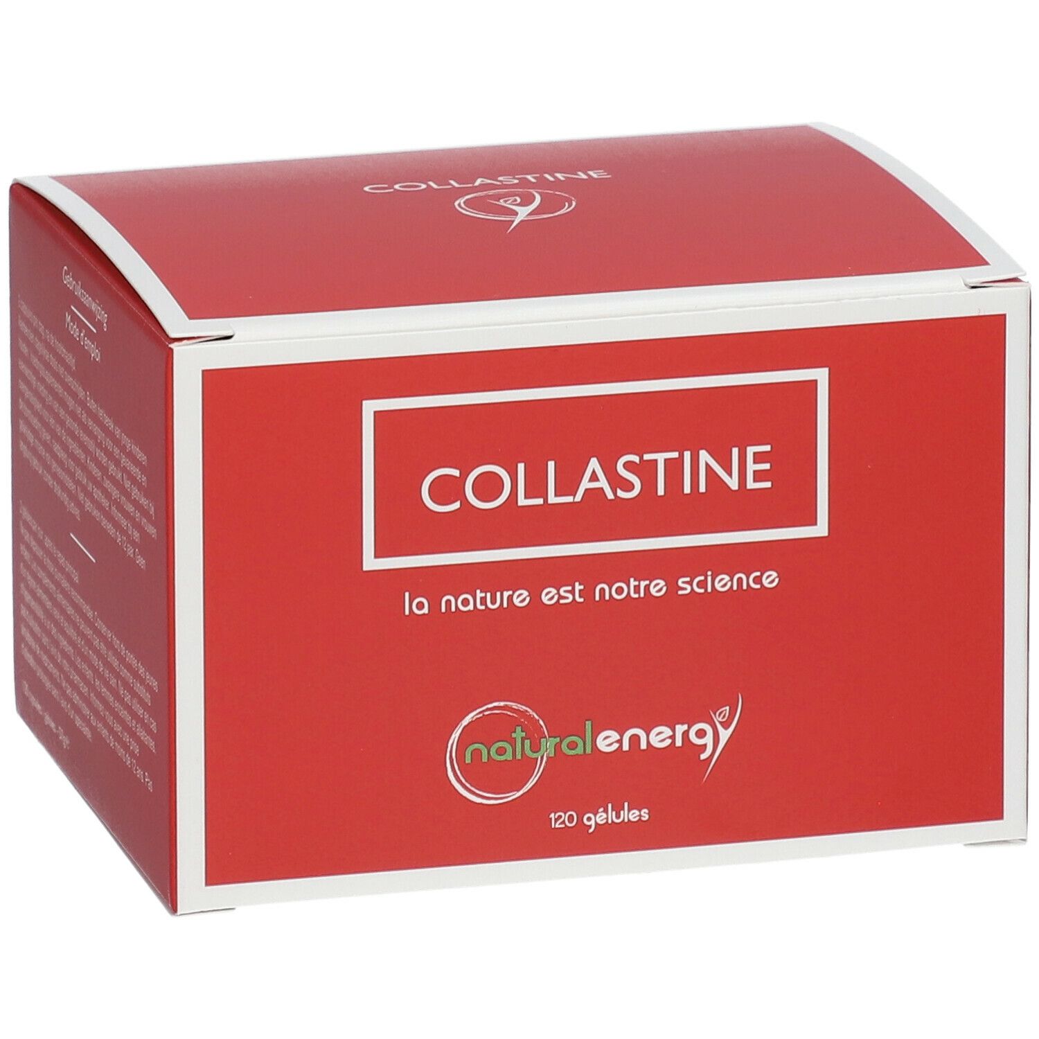 Boîte rouge avec cadre blanc. Inscription : COLLASTINE, naturalenergy. Contient 120 gélules.