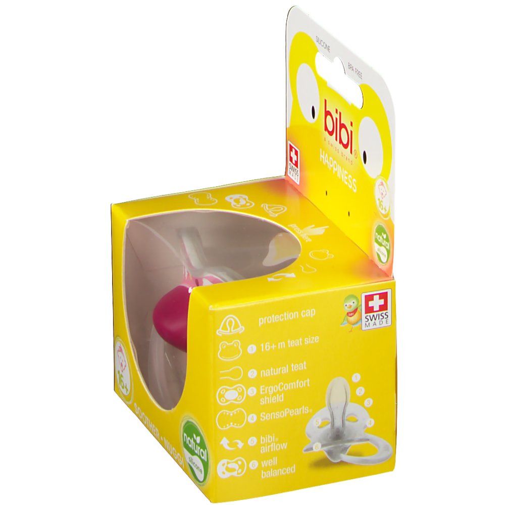 Emballage jaune avec sucette rose. Caractéristiques visibles : marque "bibi", "Swiss Made", "16+ mois", "natural".