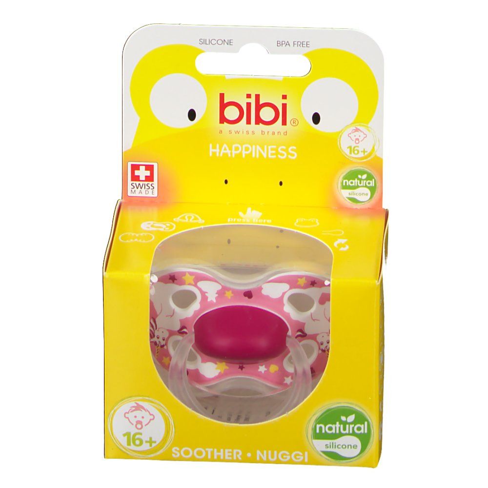 Emballage jaune avec sucette rose. Marque "bibi", "Swiss Made", "16+ mois", "natural", "silicone".