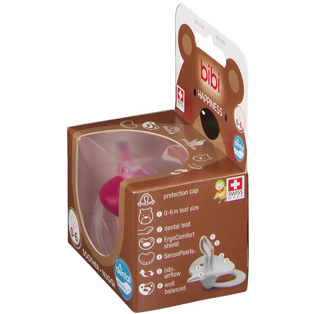 Emballage de sucette. Sucette rose dans une boîte marron avec informations et logo. Croix suisse.