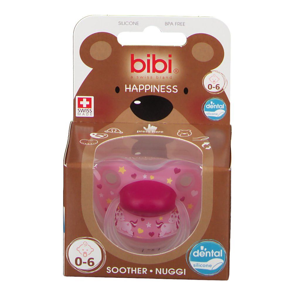 Emballage de sucette. Sucette rose avec étoiles et cœurs dans une boîte marron. Logo et âge 0-6 mois.