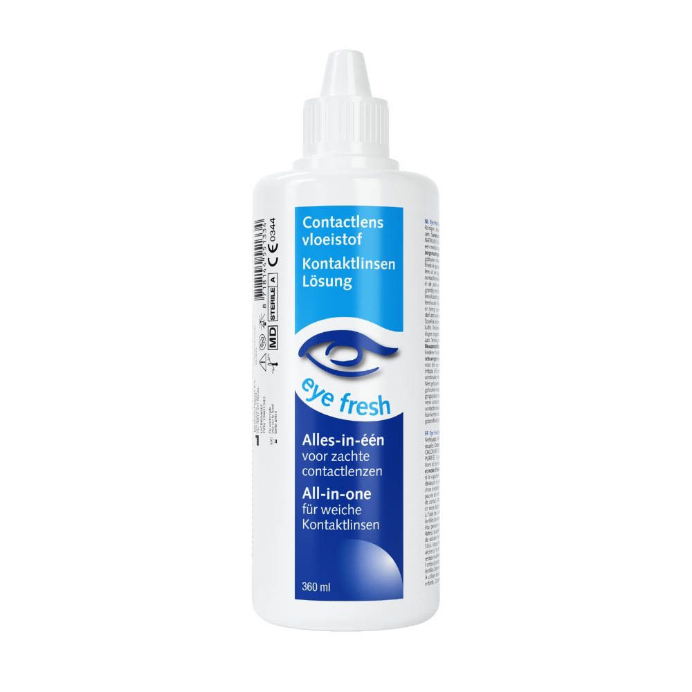Weiße Flasche mit blauem Etikett. Enthält Contactlens vloeistof. 360 ml. Für weiche Kontaktlinsen.