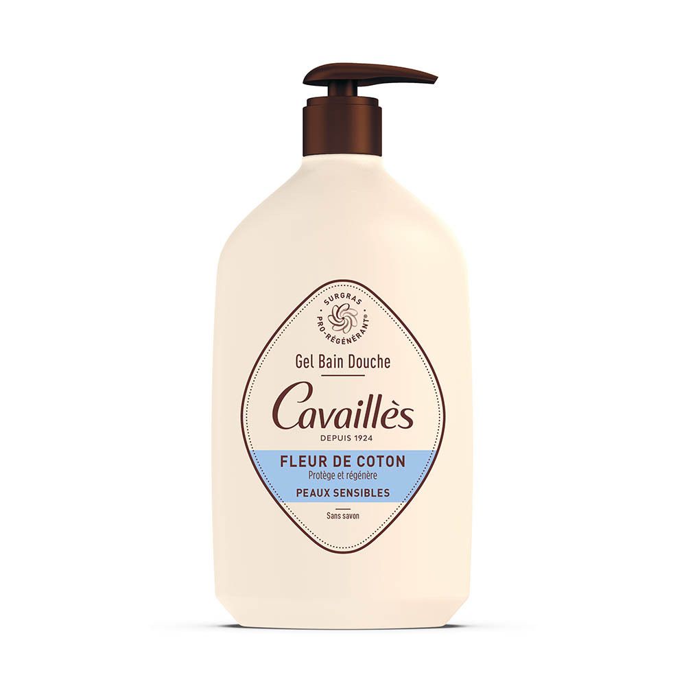 Flacon de gel douche Rogé Cavaillès avec pompe marron. Inscription: Fleur de coton, Peaux sensibles. Étiquette blanche.
