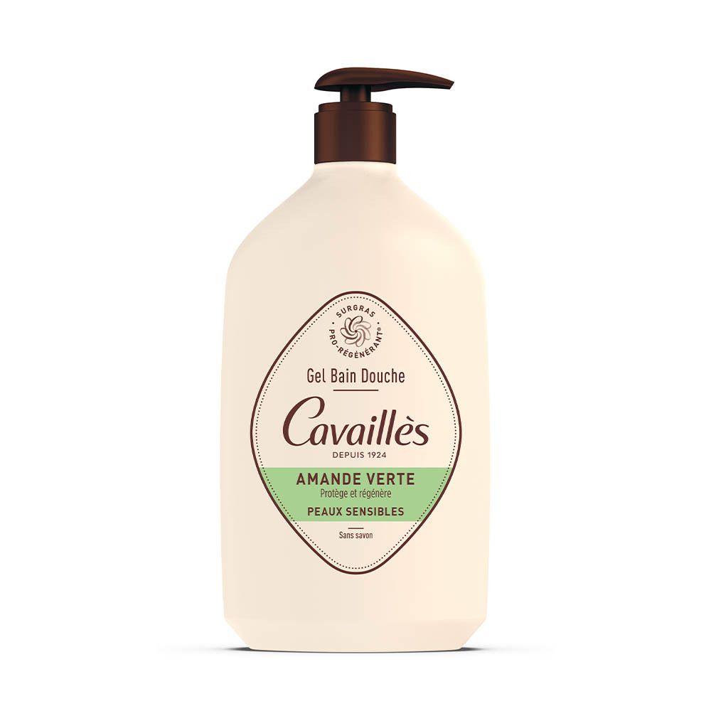Flacon beige avec pompe marron. Inscription: Cavaillès, Amande Verte, Peaux Sensibles. Gel Bain Douche.