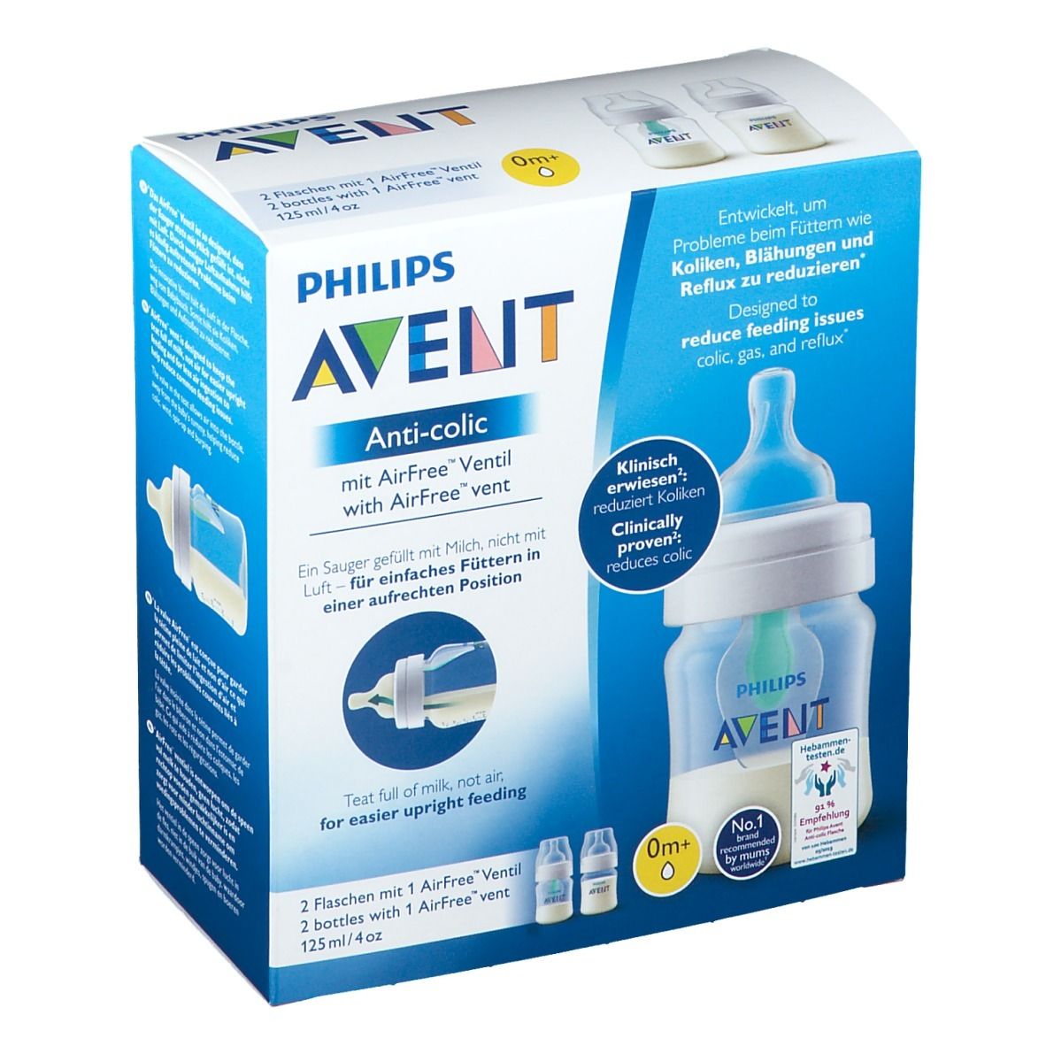 Verpackung der Philips AVENT Anti-Kolik Flasche mit AirFree Ventil. Zwei Flaschen abgebildet, blaue und weiße Verpackung.
