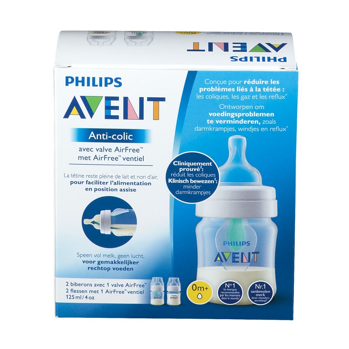 Verpackung der Philips AVENT Anti-Kolik Flasche mit AirFree Ventil. Zwei Flaschen abgebildet, blaue und weiße Verpackung.