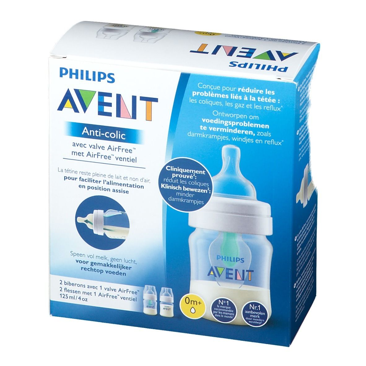 Verpackung der Philips AVENT Anti-Kolik Flasche mit AirFree Ventil. Zwei Flaschen abgebildet, blaue und weiße Verpackung.