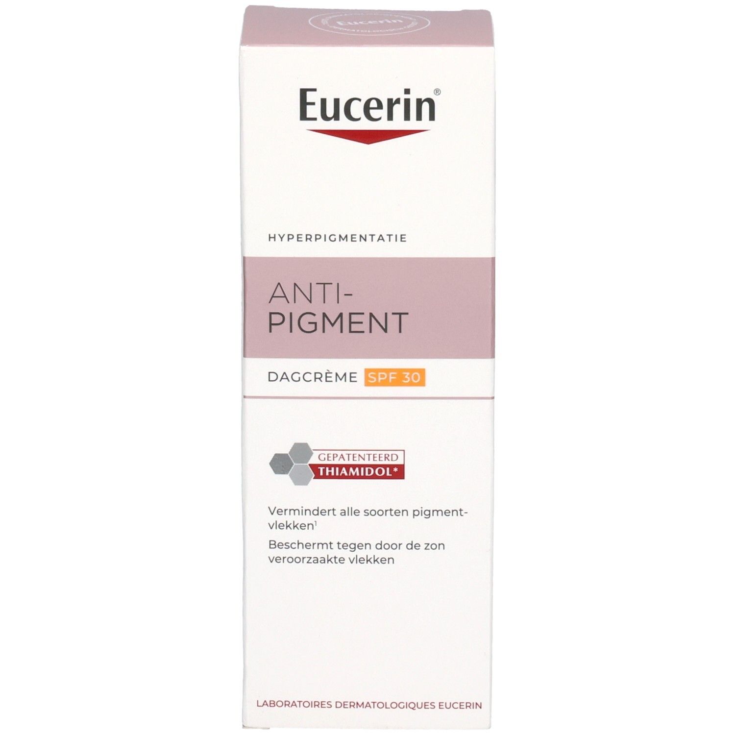 Eucerin® Anti-Pigment Tagespflege SPF 30. Verpackung mit Produktinformationen. Marke und Produktname deutlich sichtbar.