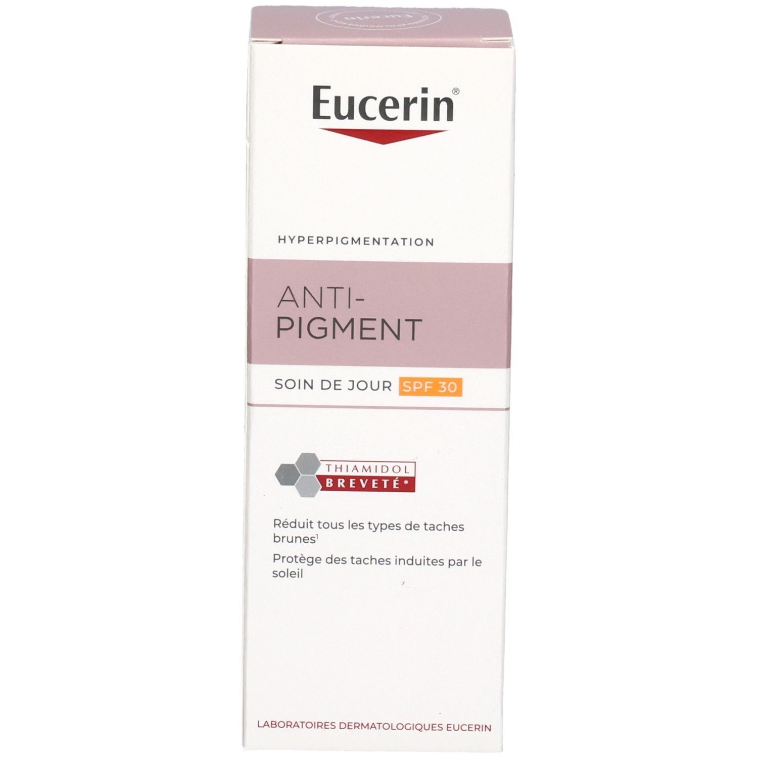 Eucerin® Anti-Pigment Soin de Jour SPF 30. Emballage avec informations produit. Marque et nom visibles.