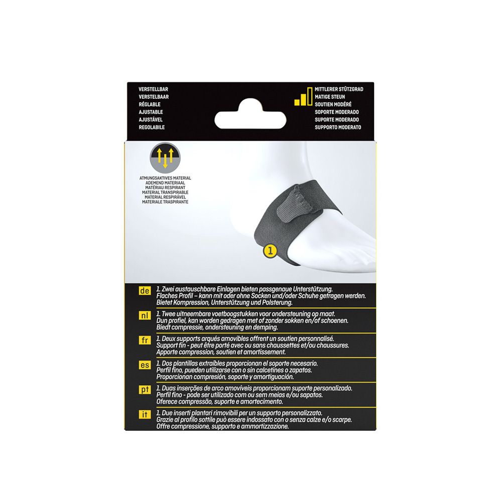 Dos de l'emballage du support de voûte plantaire FUTURO™. Description du produit, bandage noir.