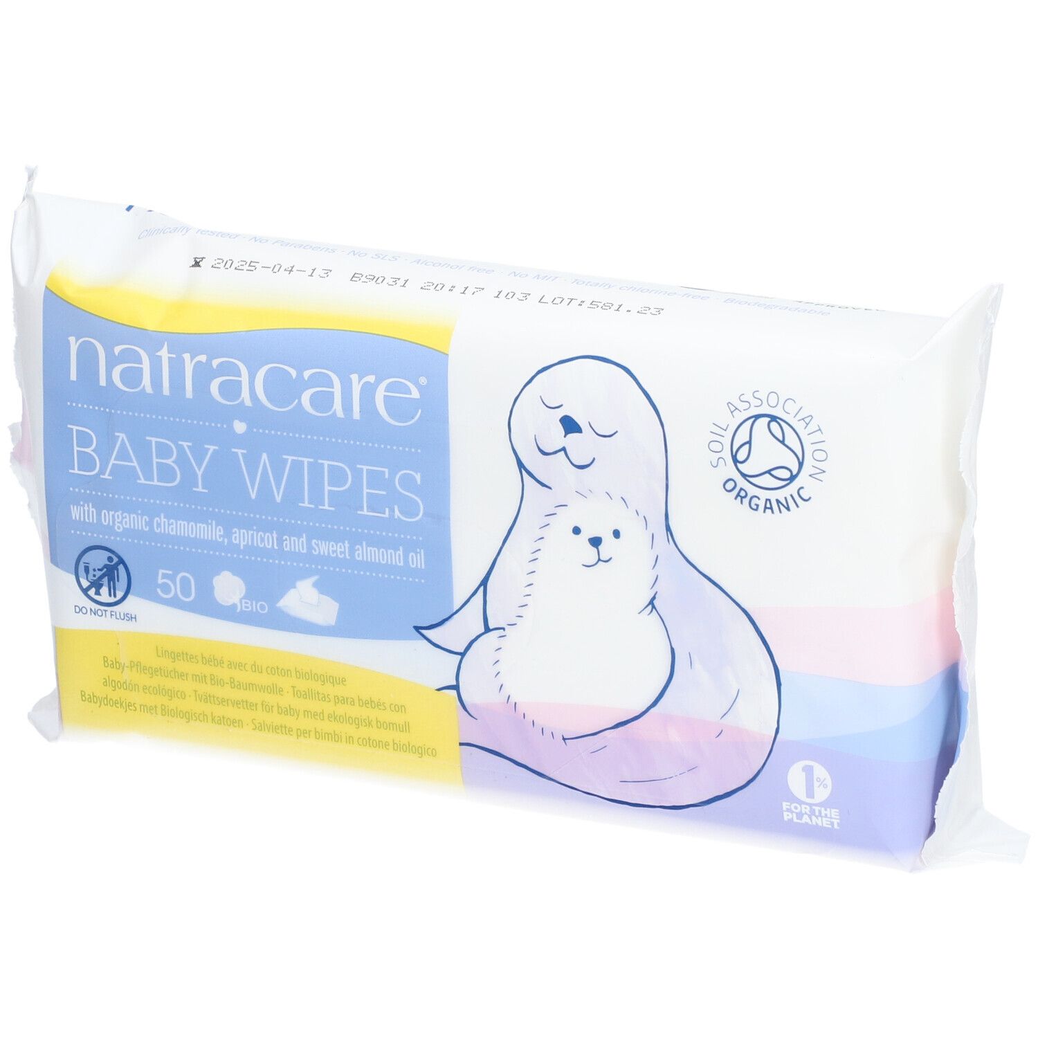 Packung Natracare Baby Wipes. Enthält 50 Tücher mit Kamille, Aprikose und Mandelöl. Siegel: Soil Association Organic.