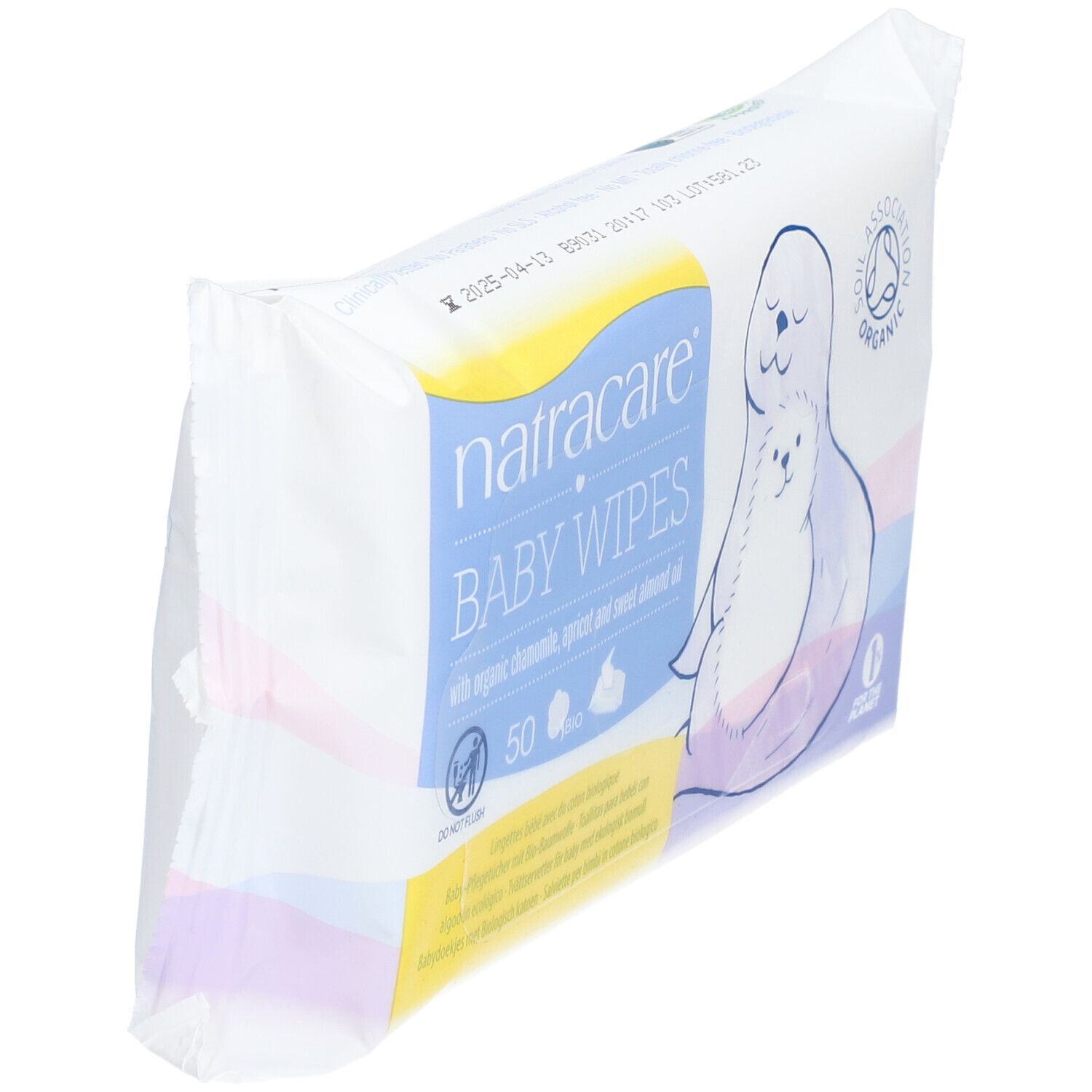 Packung Natracare Baby Wipes. Enthält 50 Tücher mit Kamille, Aprikose und Mandelöl. Siegel: Soil Association Organic.