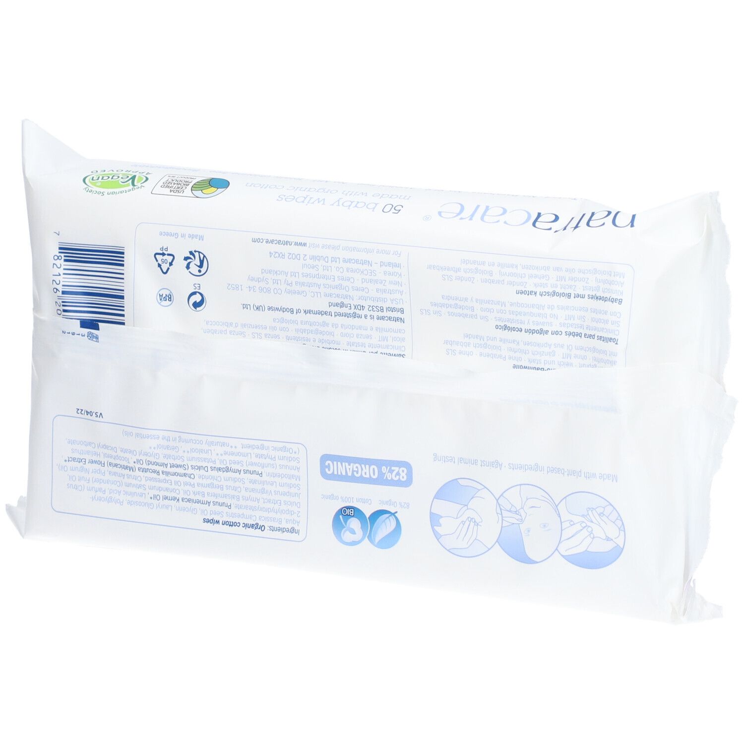 Rückseite der Natracare Baby Wipes Packung. Text mit Informationen und Logos, darunter 82% Organic und Soil Association Organic.