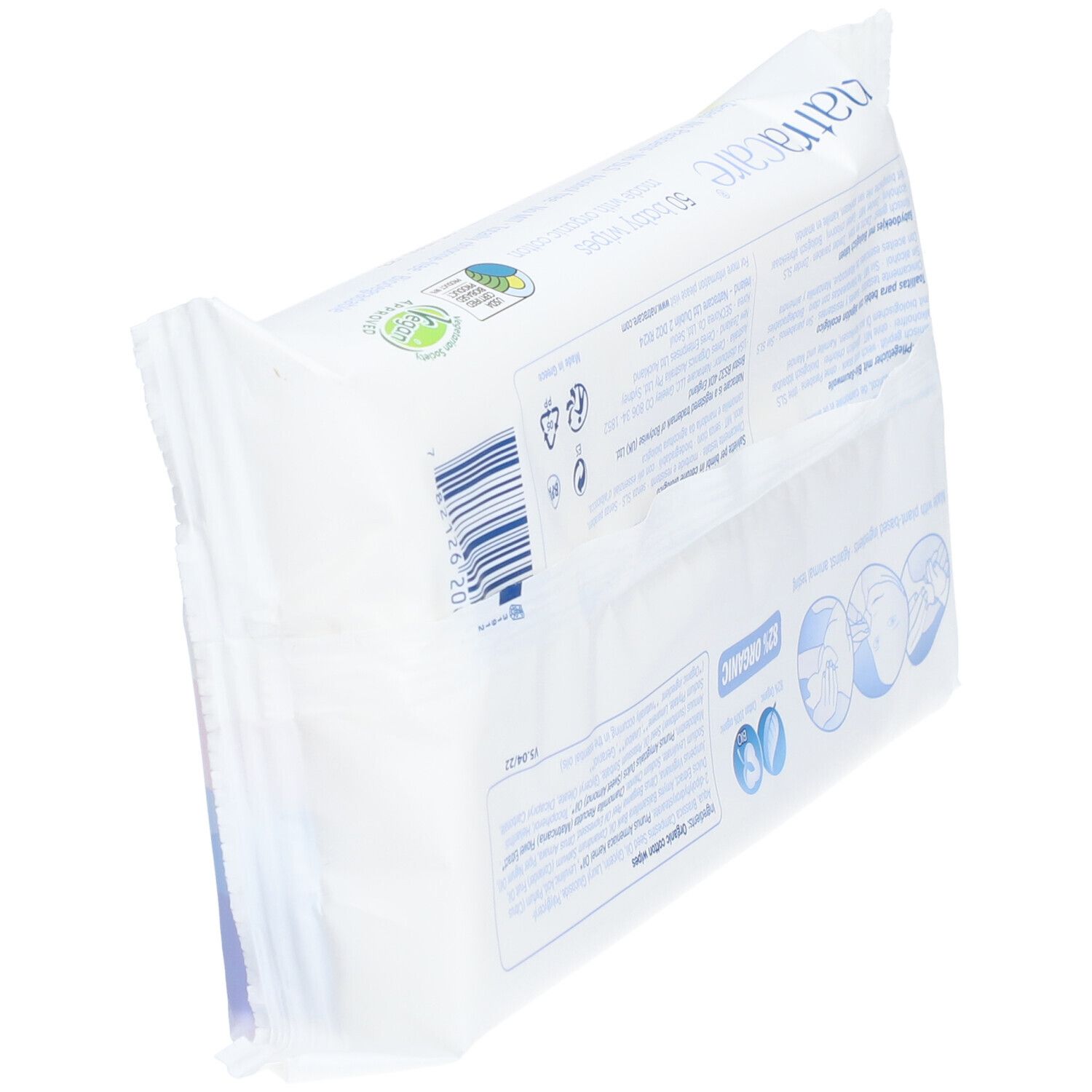 Rückseite der Natracare Baby Wipes Packung. Text mit Informationen und Logos, darunter 82% Organic und Soil Association Organic.