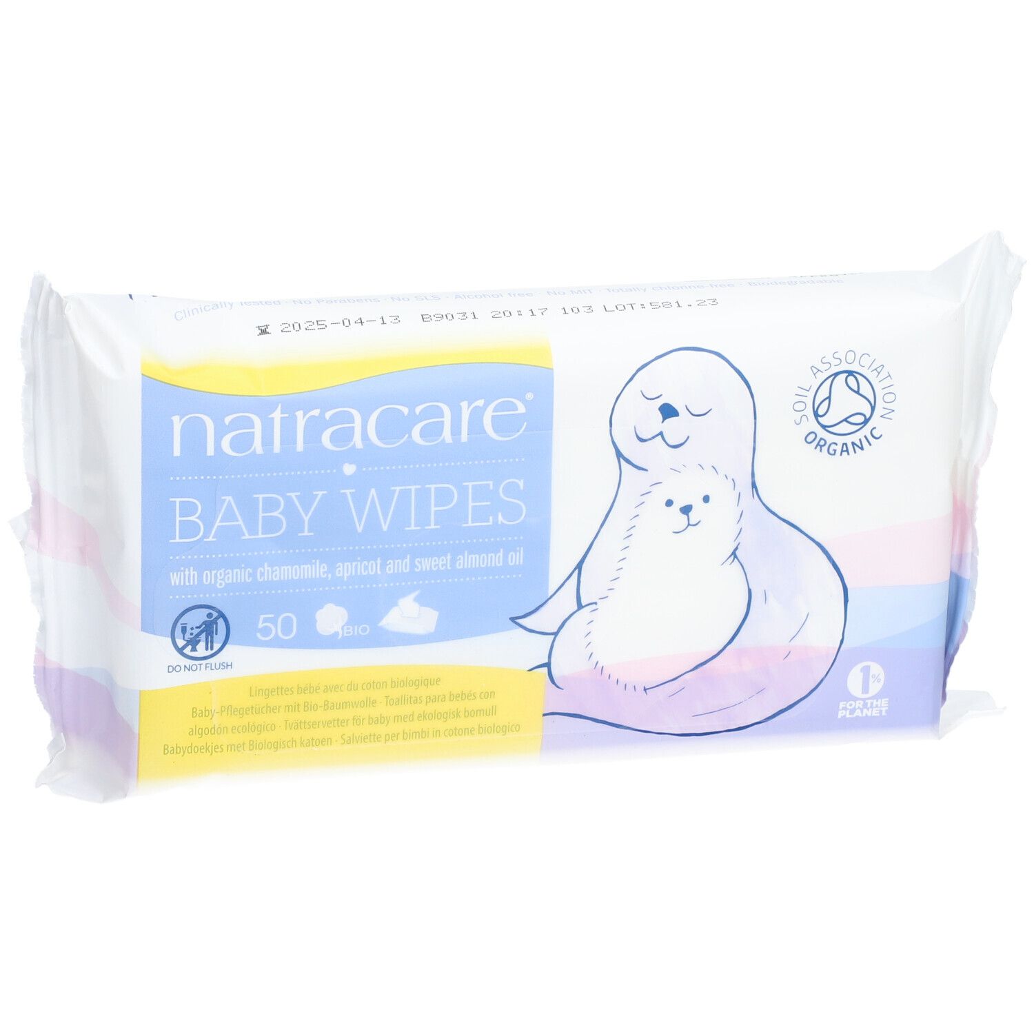 Packung Natracare Baby Wipes. Enthält 50 Tücher mit Kamille, Aprikose und Mandelöl. Siegel: Soil Association Organic.