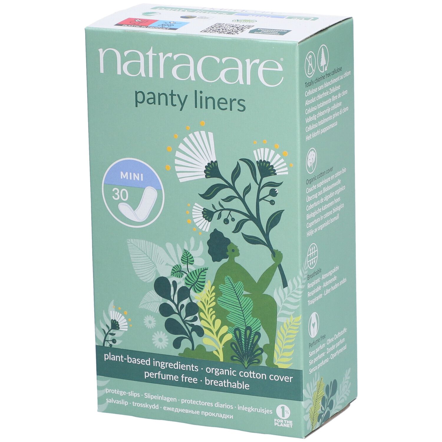 Boîte de Natracare Protège-slips Mini. Emballage vert menthe avec illustrations florales et informations produit.