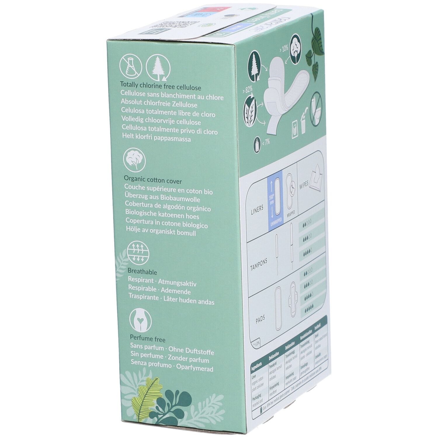 Vue latérale de l'emballage Natracare Protège-slips Mini. Texte et diagrammes sur fond vert menthe.