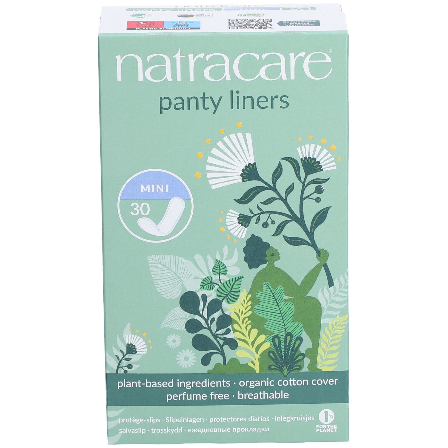 Vue de face de l'emballage Natracare Protège-slips Mini. Boîte verte menthe avec nom du produit et motifs floraux.