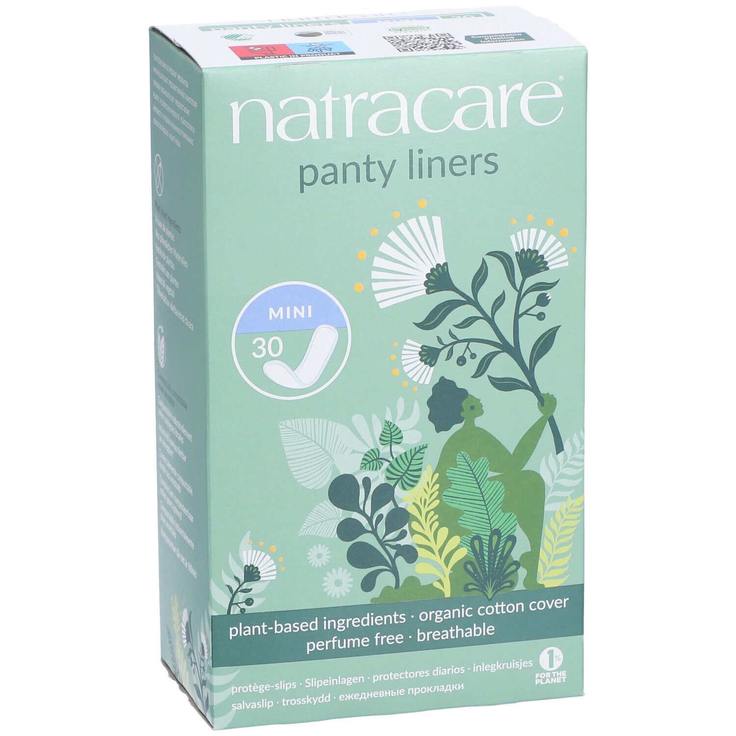 Vue de face de l'emballage Natracare Protège-slips Mini. Boîte verte menthe avec nom du produit et motifs floraux.