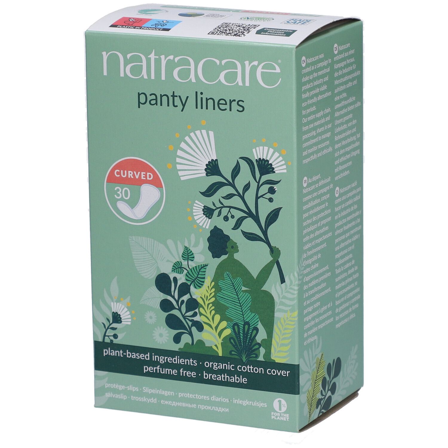 Schachtel mit Natracare Panty Liners. Aufdruck: Curved, 30 Stück. Inhaltsstoffe: pflanzlich, Bio-Baumwolle, parfümfrei, atmungsaktiv.
