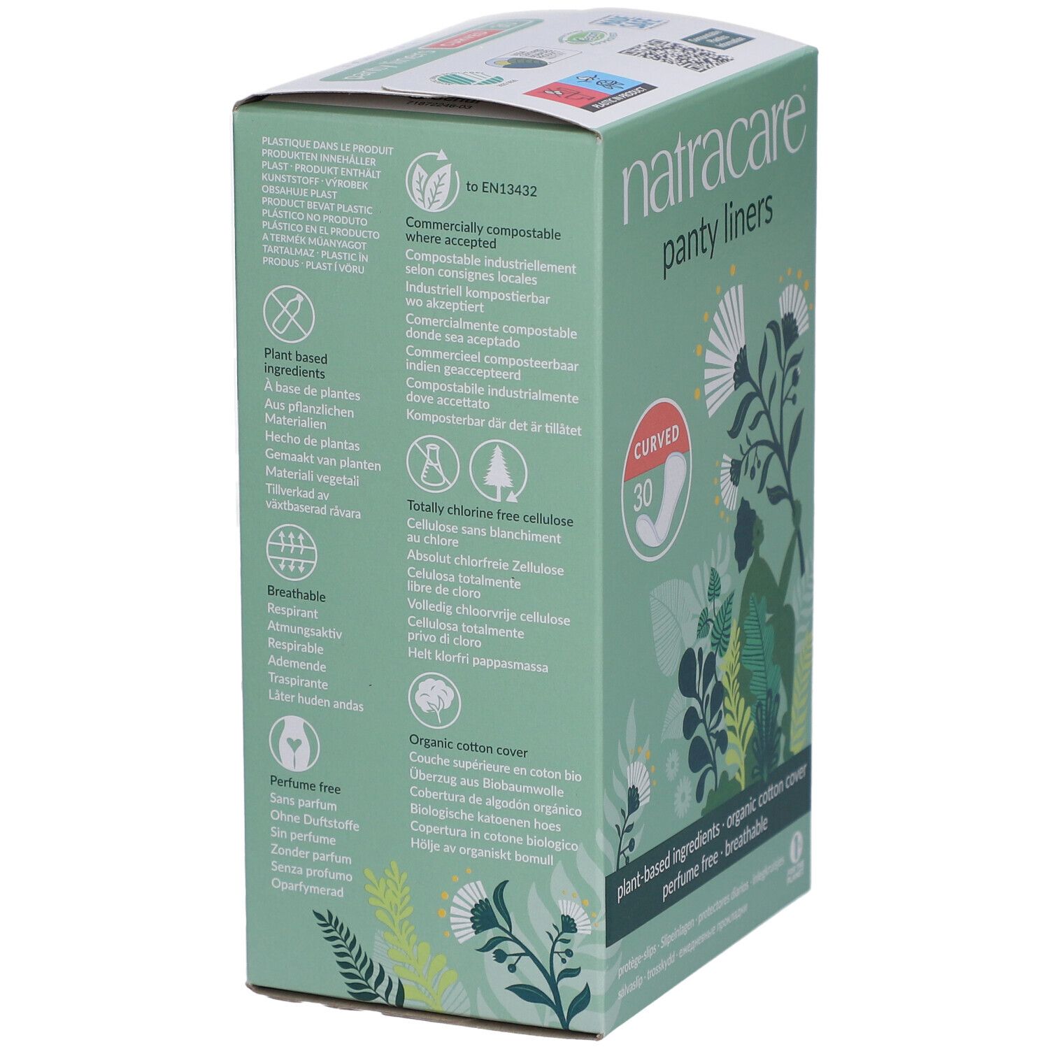 Rückseite der Natracare Panty Liners Schachtel. Text: kompostierbar, Baumwolle, ohne Chlor, atmungsaktiv, ohne Parfüm, pflanzliche Inhaltsstoffe.