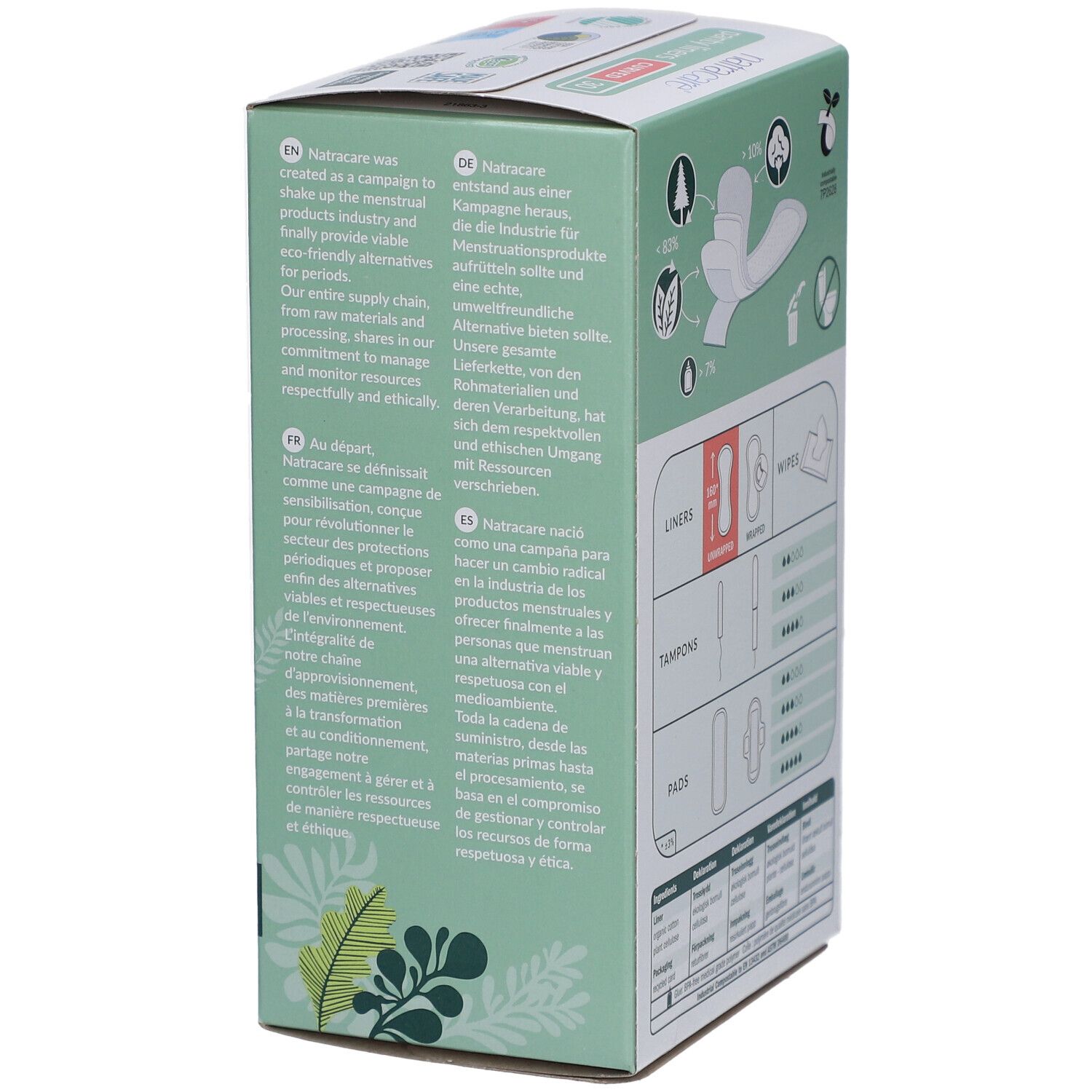 Seite der Natracare Panty Liners Schachtel. Text über Natracare und nachhaltige Produktion. Grafiken: Liners, Tampons, Pads.