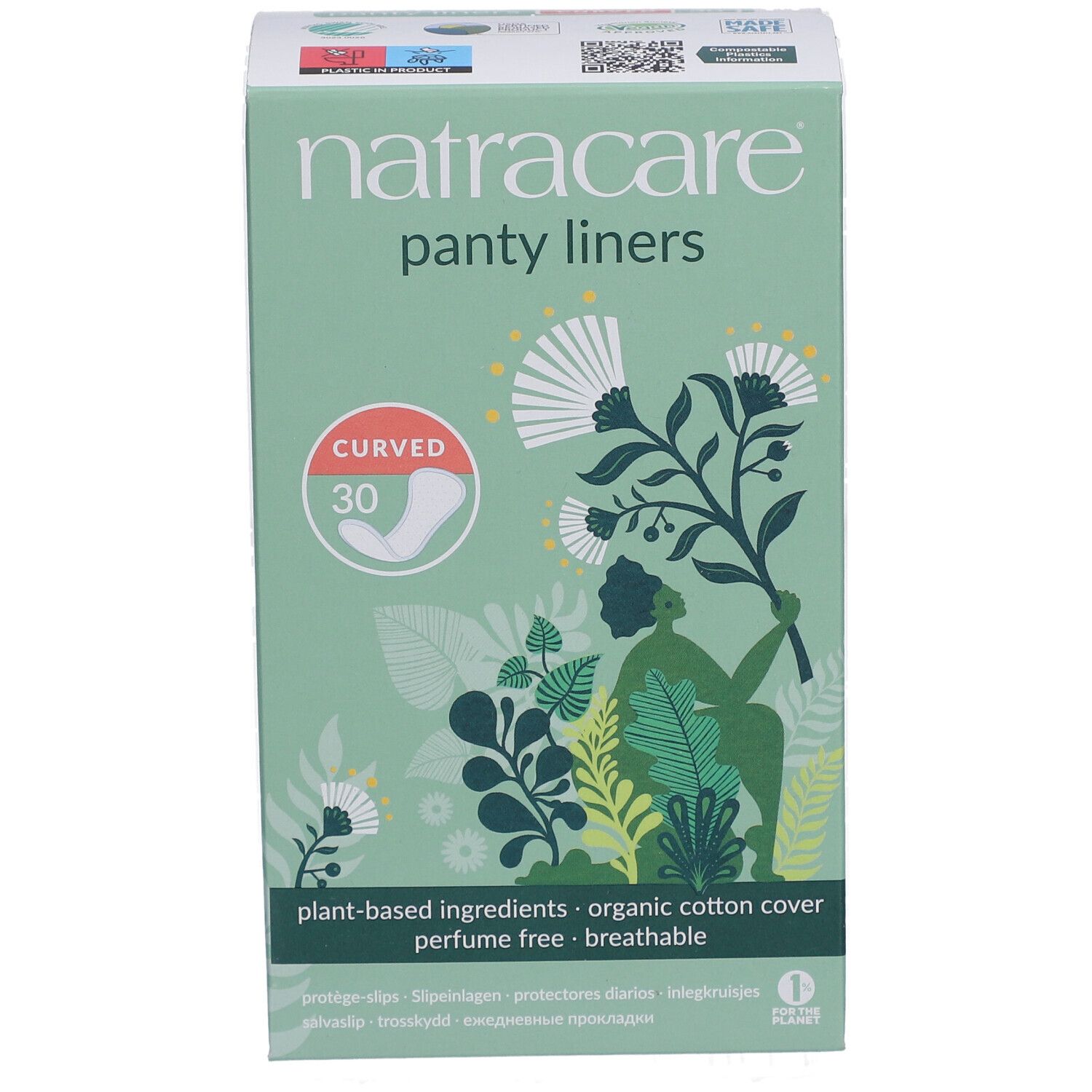 Schachtel mit Natracare Panty Liners. Aufdruck: Curved, 30 Stück. Inhaltsstoffe: pflanzlich, Bio-Baumwolle, parfümfrei, atmungsaktiv.
