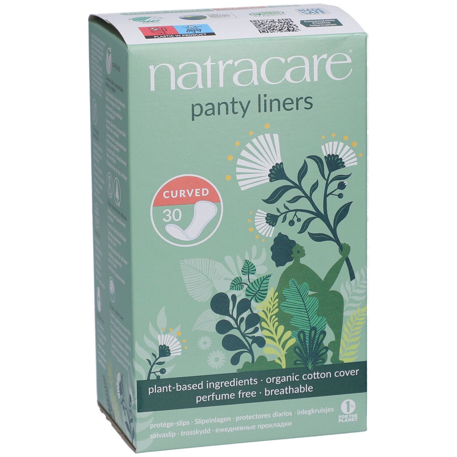 Schachtel mit Natracare Panty Liners. Aufdruck: Curved, 30 Stück. Inhaltsstoffe: pflanzlich, Bio-Baumwolle, parfümfrei, atmungsaktiv.