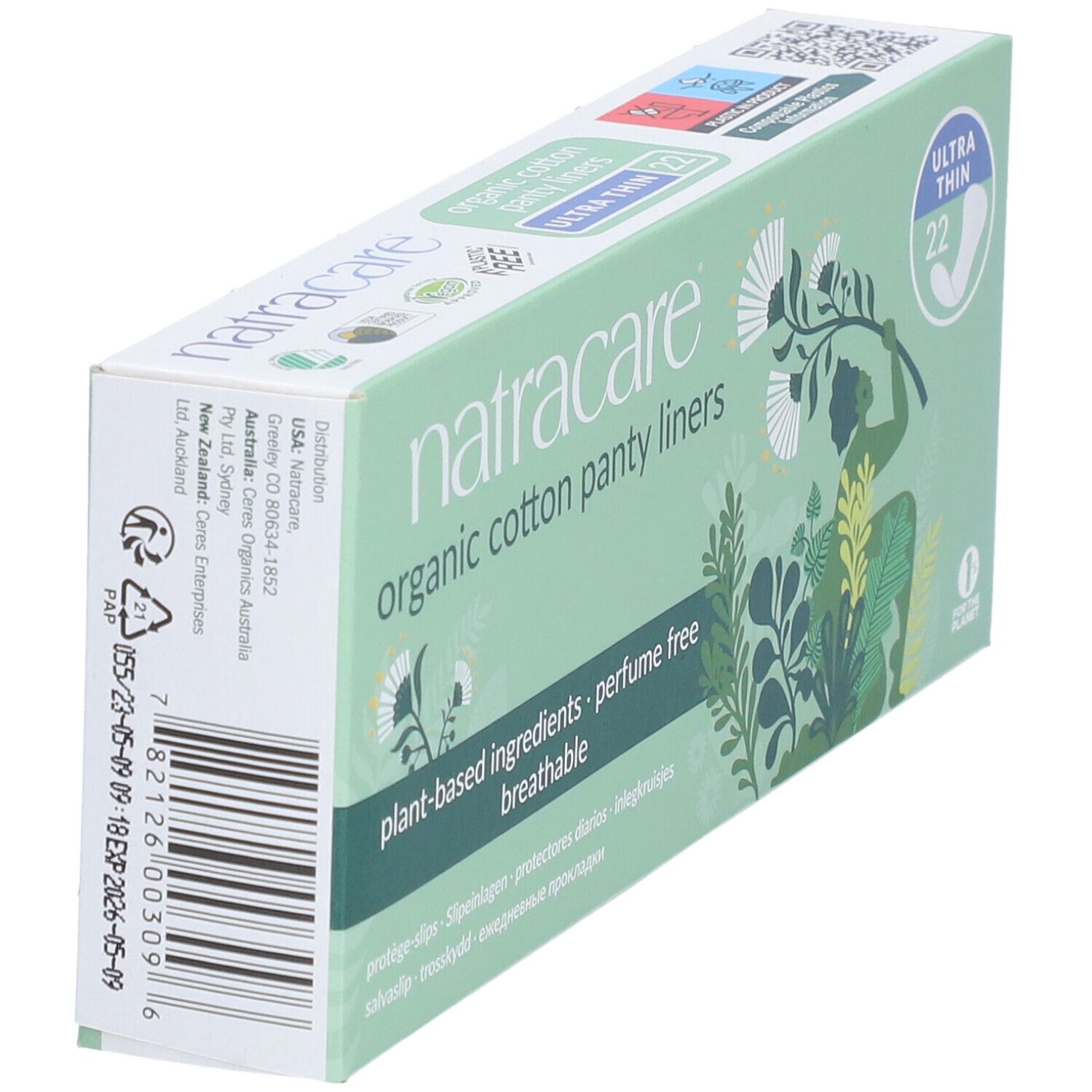 Schachtel Natracare Organic Cotton Panty Liners. Seitenansicht. Text: Organic, Ultra Thin, 22. Grün-weiße Verpackung.