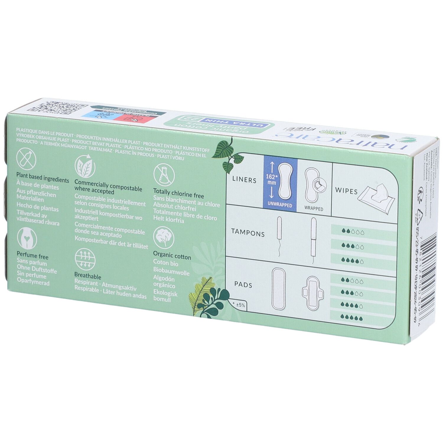 Rückseite der Natracare Panty Liners Verpackung. Informationen zu Inhaltsstoffen, Zertifizierungen und Produktarten.