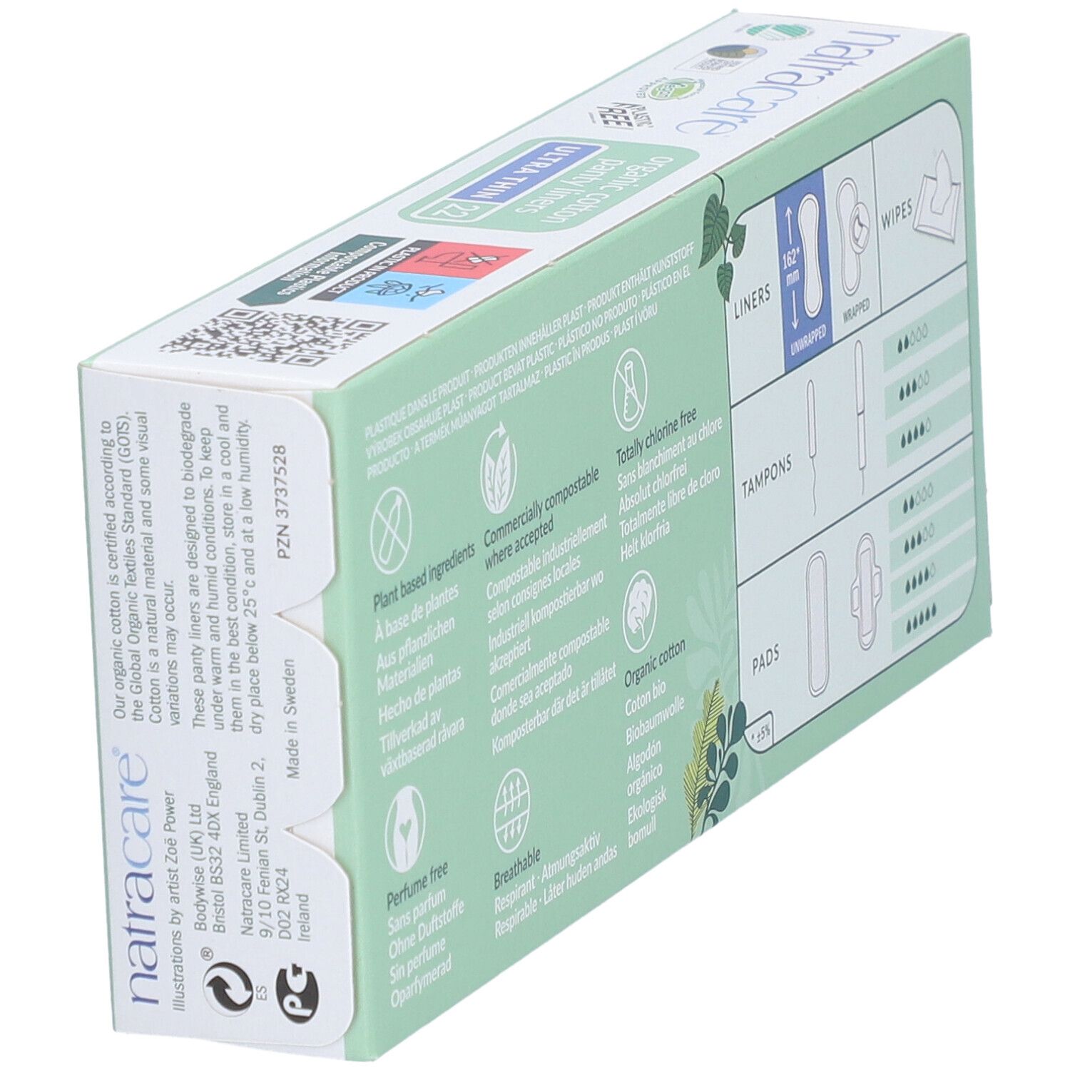 Schachtel Natracare Panty Liners. Rückseite mit Informationen zu Inhaltsstoffen, Zertifizierungen und Produktarten.