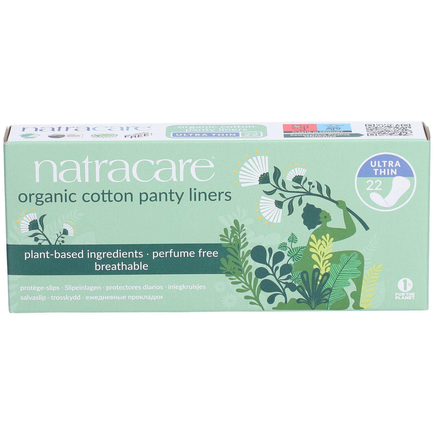 Schachtel Natracare Organic Cotton Panty Liners. Ultra Thin, 22 Stück. Grün-weiße Verpackung mit floralen Illustrationen.