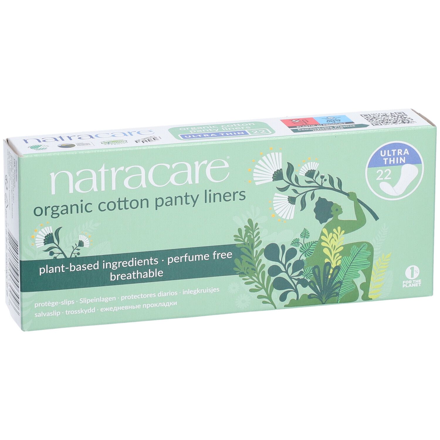 Schachtel Natracare Organic Cotton Panty Liners. Ultra Thin, 22 Stück. Grün-weiße Verpackung mit floralen Illustrationen.